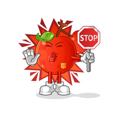 cherries holding stop sign. cartoon mascot vector