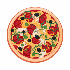 Pizza with tomatoes, mushrooms, olives and pepper. Vector illustration in a flat style on a white background. Top view.