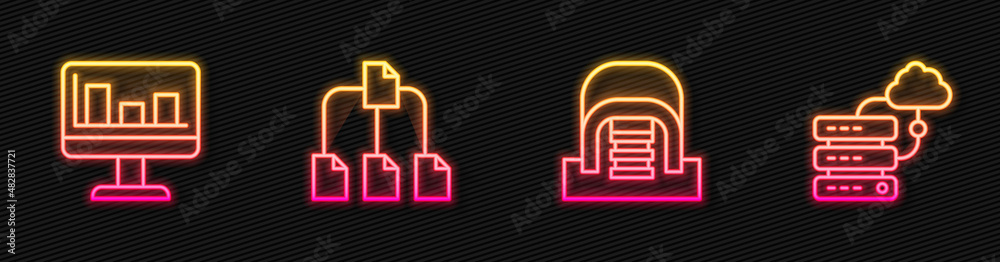 Poster set line hangar with servers, monitor graph chart, folder tree and network cloud connection. glowing