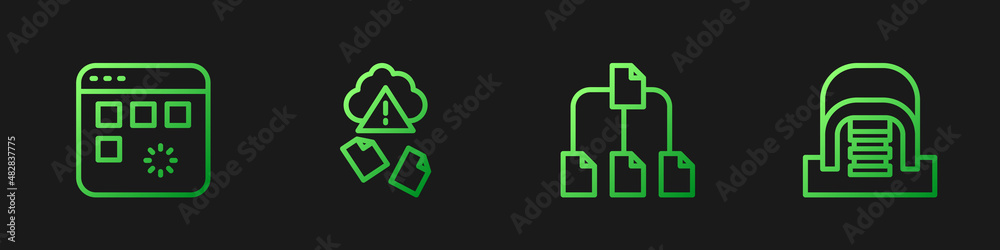 Aufkleber set line folder tree, loading data window, cloud hacking and hangar with servers. gradient color ico
