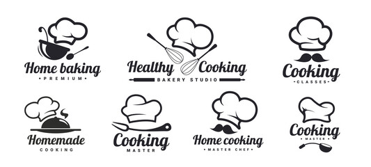 Estores personalizados con tu foto Cooking logo set with Chef hats, mustache and kitchen tools. Home baking, healthy cooking, homemade . Kitchen phrases. Vector Illustration