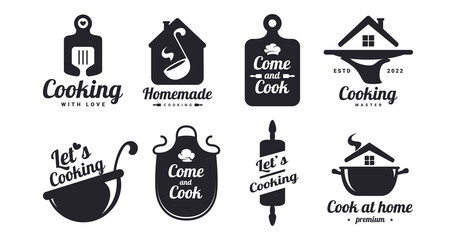 Cooking food logo set. Cook quotes label. Kitchen phrases. Home, chef, mustache, kitchen utensils icon or logo. Lettering vector illustration