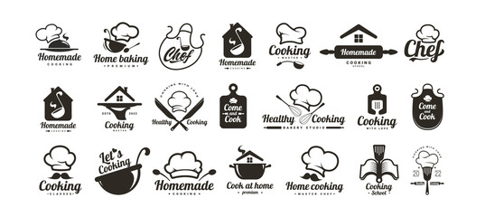 Healthy cooking logos set. Food logo. Kitchen phrases. Home cook, chef, mustache, kitchen utensils icon or logo. Lettering vector illustration - obrazy, fototapety, plakaty