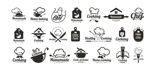 Poster Healthy cooking logos set. Food logo. Kitchen phrases. Home cook, chef, mustache, kitchen utensils icon or logo. Lettering vector illustration © Igor