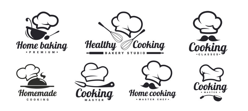 Cooking logo set with Chef hats, mustache and kitchen tools. Home baking, healthy cooking, homemade . Kitchen phrases. Vector Illustration