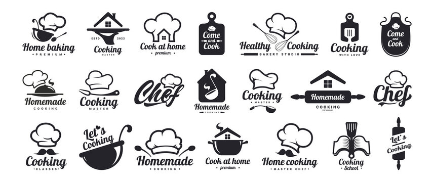 Cooking logos set. Healthy. Food logo. Kitchen phrases. Home cook, chef, mustache, kitchen utensils icon or logo. Lettering vector illustration