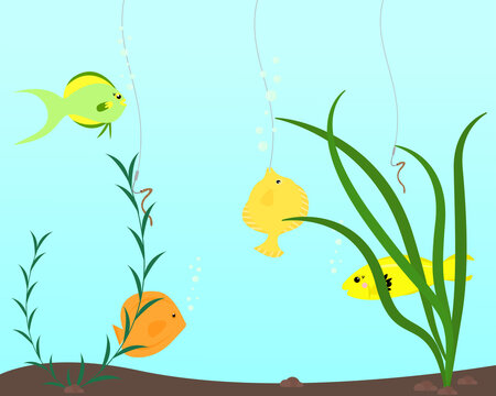 fishing for a worm. Vector illustration of the underwater world with cute fish