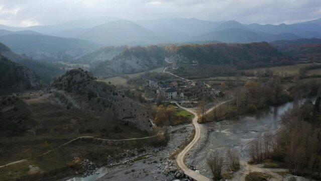 Aerial View of the ruins from the destroyed town Janovas, Spanish Pyrenees