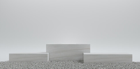 white box podium with stone gravel. Abstract square pedestal 3d concept illuminated on white background. display, stage, stand, mockup. 3d render