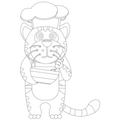 Funny tiger chef coloring book. Vector illustration.