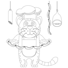 Funny tiger cook with sausages coloring book. Vector illustration.