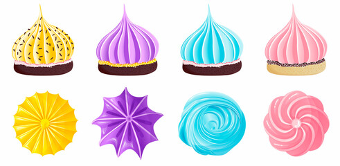 Collection of appetizing colorful meringues on biscuit in flat style top and side view