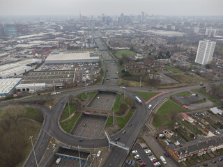 Misty aerial view of Birmingham UK with motorway