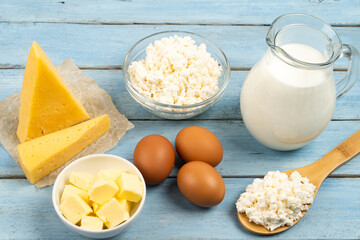 dairy products, cheese, butter, cottage cheese, eggs, milk on the table with white background