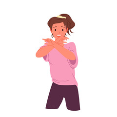 Cartoon adult brunette afraid girl with frightened expression and pose, young terrified character covering mouth with hand isolated on white. Scared woman with panic and fear vector illustration