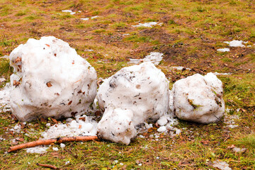 Snowman melted with the arrival of spring on a background of grass. Destroyed, dirty snowman lies...