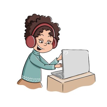 Girl with dark curly hair use laptop and headphones for online education. Distance work. Every day life. Happiness in every moment. Active lifestyle. Daily routine illustration in cartoon style