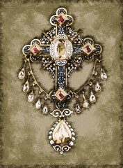 Illustration Sketch of a Beautiful vintage diamond and ruby brooch