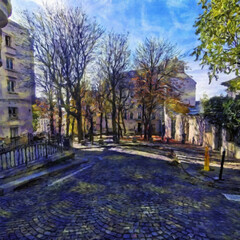 Obraz premium beautiful city view artwork. watercolor and oil painting mixed style. digital artwork in big size for print or graphic design