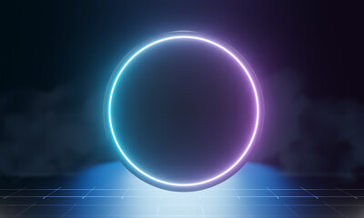 Blue dark circle display background pink blue neon light perspective. 3D illustration rendering.