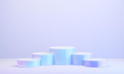 Five hologram color podium cylinder display background pink blue light. 3D illustration rendering.