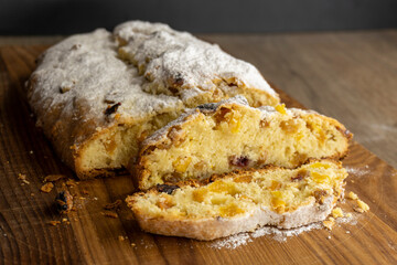 German Christmas Stollen (Vegan Fruit Bread) food concept 