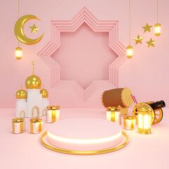 Islamic product display mock up. Podium, crescent moon, lantern, gift box. Ramadan, Islamic New Year. 3D rendering.