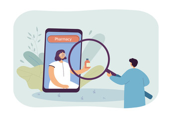 Pharmacist on huge phone screen holding pill bottle. Patient buying medication online flat vector illustration. Pharmacy, medicine, technology concept for banner, website design or landing web page