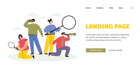 People with spyglasses and magnifier flat vector illustration. Men and women exploring, analyzing, looking for new opportunities, staff or ideas. HR team, search concept