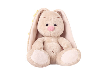 Isolated sitting toy rabbit. Plush gift. Bunny.