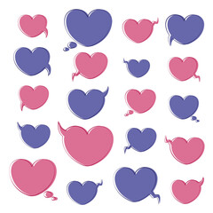 Very peri and pacific pink  heart. Blank speech. Set of templates for dialogue, massages, prices and discounts. Isolated on white background. EPS 10 vector illustration