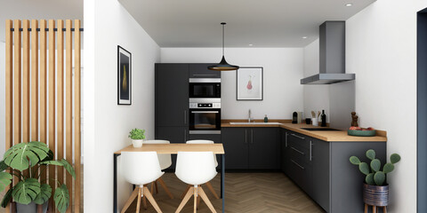 Vue 3d cuisine noire avec petite table en bois et chaise blanche