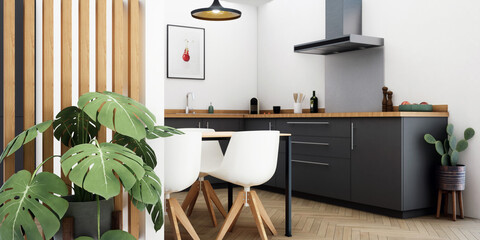 Vue 3d cuisine noire avec petite table en bois et chaise blanche/ Vue 3 - obrazy, fototapety, plakaty
