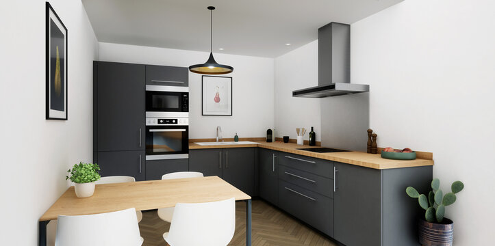 Vue 3d cuisine noire avec petite table en bois et chaise blanche/ Vue 2