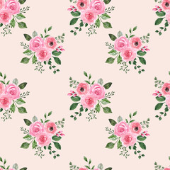 Mooie naadloze bloemmotief met roze pastel rozen en groen gebladerte op blush achtergrond. Lente botanische print.