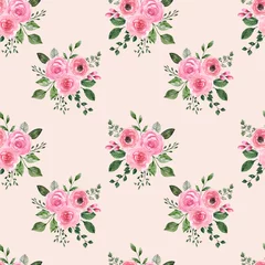 Keuken foto achterwand Bloemen Mooie naadloze bloemmotief met roze pastel rozen en groen gebladerte op blush achtergrond. Lente botanische print.