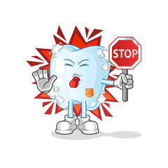 Obraz premium tooth with foam holding stop sign. cartoon mascot vector