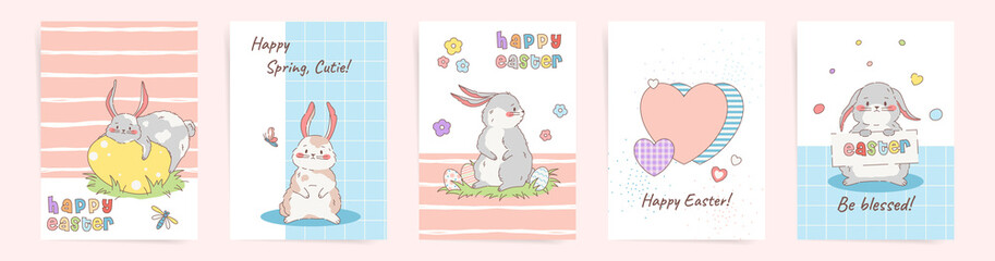 Happy Easter postcards design template set. Vector easter bunnies and hearts on blue and pink background covers.