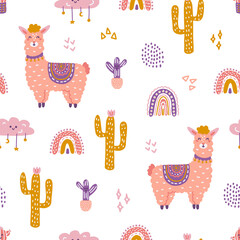 Cute llama with cacti and rainbow on white background, vector seamless pattern in flat hand drawn style © Vetriya