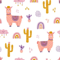 Selbstklebende Fototapeten Cute llama with cacti and rainbow on white background, vector seamless pattern in flat hand drawn style © Vetriya