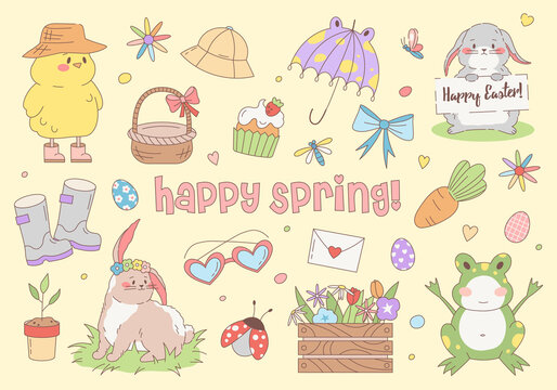 Happy Spring set with lettering, chicken, umbrella, rabbit, carrot, easter eggs, bows, bugs, flowers and basket. Vector clip art illustrations for kids cards, web, poster, banner, sticker. Cute set.