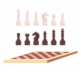 Collection of chess figures and game board. vector illustration. Set of different chess pieces and board in color. Big and small parts.