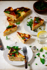 Quiche with salmon and broccoli.selective focus