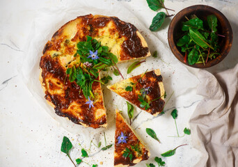 Quiche with salmon and broccoli.selective focus