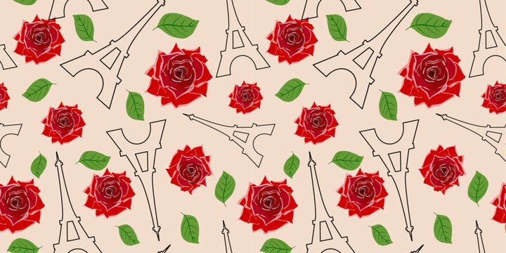 Seamless pattern with roses and Eiffel towers. For textile, wrapping paper, packaging. Vector pattern.