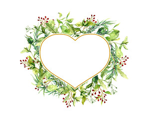 Heart shape frame with floral elements. Wreath with green grass, flowers, leaves. Decorative botanical border with summer decoration for Valentine day cars, wedding design