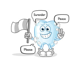 tooth with foam hold surrender flag mascot. cartoon vector