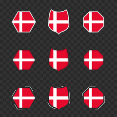 National symbols of Denmark on a dark transparent background, vector flags of Denmark.