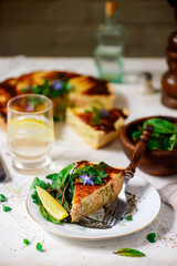 Quiche with salmon and broccoli.selective focus