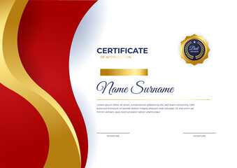 Modern business red and gold certificate of achievement template with gold badge and border